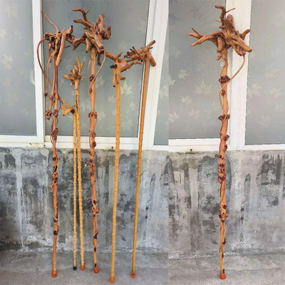 云南对节木一体天然禅杖老人拐杖登山助行杖电影道具根雕文玩收藏