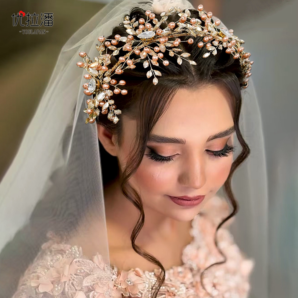 优拉潘 公主闪耀发箍新娘香槟水钻珍珠拍摄写真造型旅拍饰品HP906