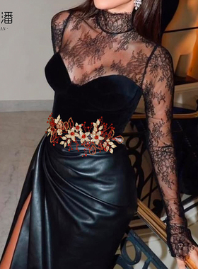 优拉潘 SH282红色水钻新娘腰带手工水晶显瘦合金花朵腰封婚礼配饰