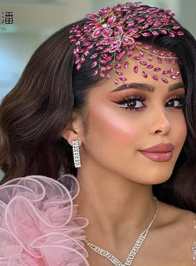 优拉潘 粉色浪漫新娘结婚头饰闪亮黑色水钻花朵手工编制发箍HP852