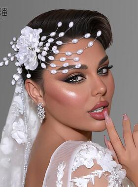 优拉潘 外贸时尚新娘结婚婚纱搭配发饰白色花朵珍珠流苏发夹HP818