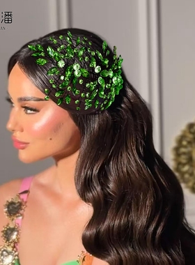 优拉潘 优雅新娘头饰绿色个性水钻手工编织发片走秀表演发饰HP857