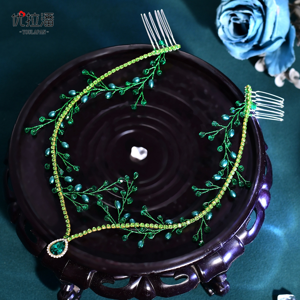 优拉潘 HP592轻奢新娘绿色前额发梳闪钻串珠发饰舞蹈表演走秀配饰