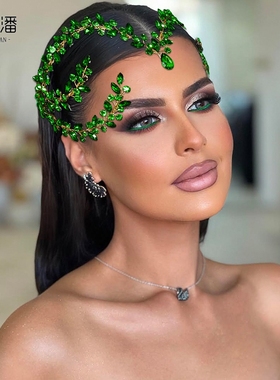 优拉潘 HP599简约森系新娘额饰手工绿色闪钻发箍舞台表演走秀配饰