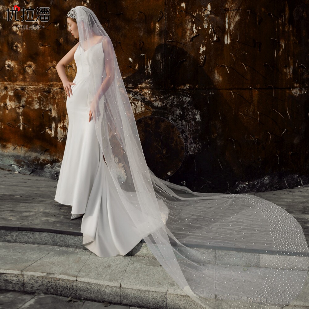优拉潘 新款教堂长拖尾唯美婚纱头饰长头纱手工钉珠珍珠软网纱v10