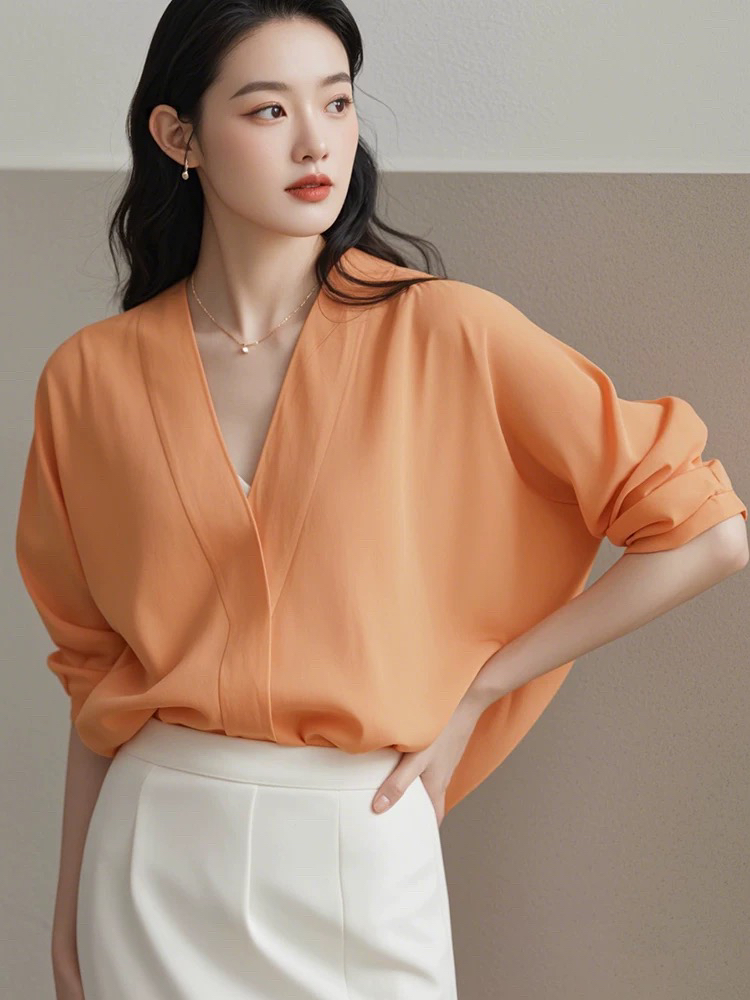 极简风橙色V领雪纺衬衫法式高级感职场穿搭简约气质上衣早秋新款