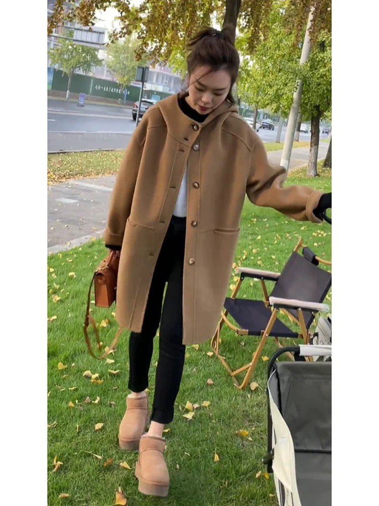 韩系高个子中长款斗篷驼色连帽毛呢子大衣外套高级感轻熟风女秋冬