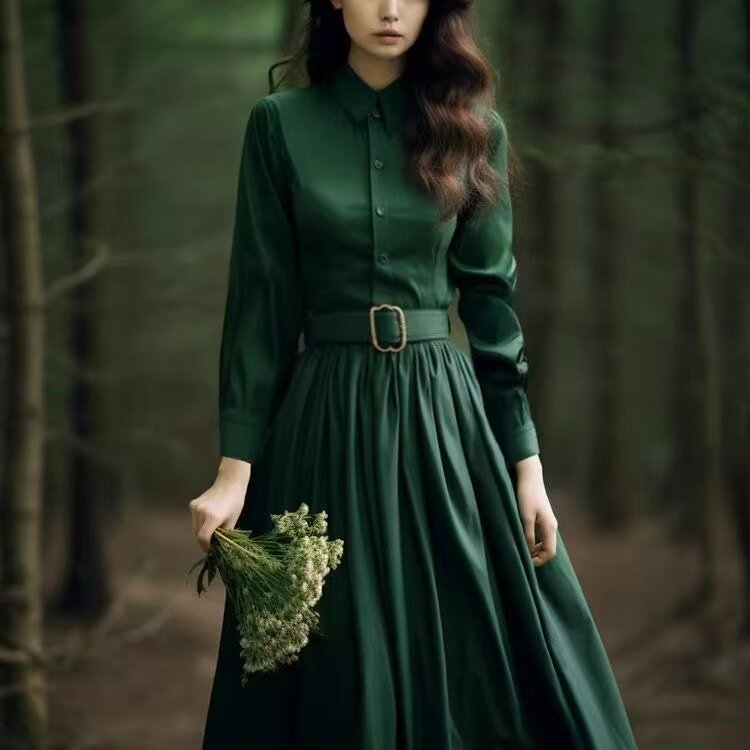 高级感超好看墨绿色翻领收腰连衣裙秋季新款女装高端精致礼服长裙