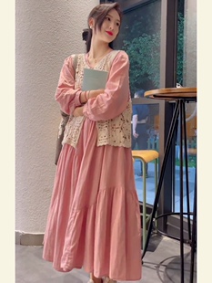 初秋新款女装气质名媛法式桔梗小香风马甲粉色棉麻连衣裙两件套装