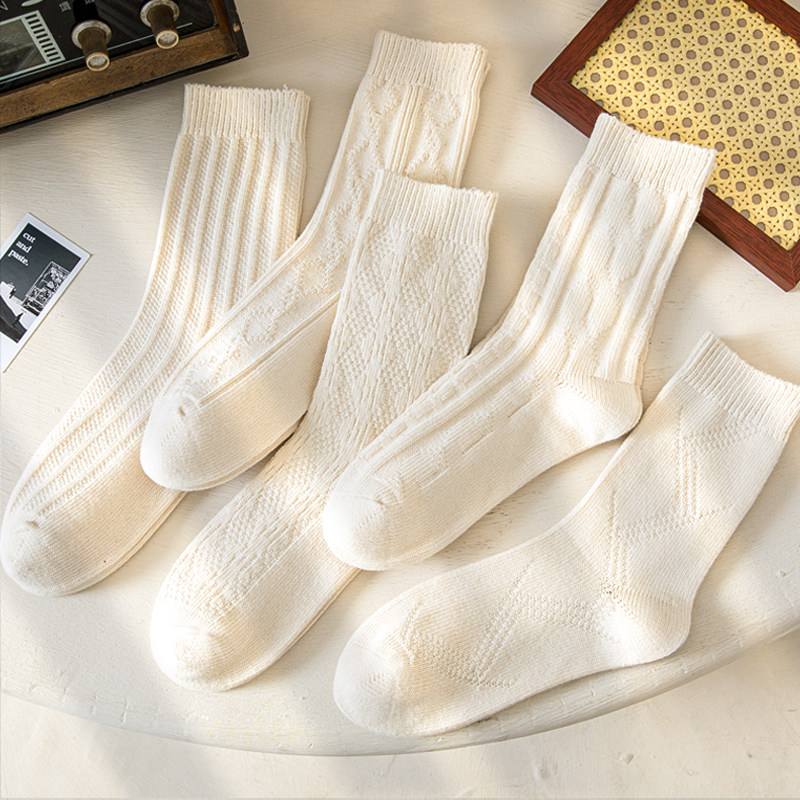 米白色日系粗线袜子女中筒袜纯棉复古原宿毛线针织加厚长筒堆堆袜