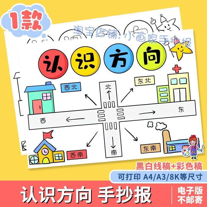 二年级数学认识方向与位置手抄报模板电子版a3a4方位小报线稿涂色