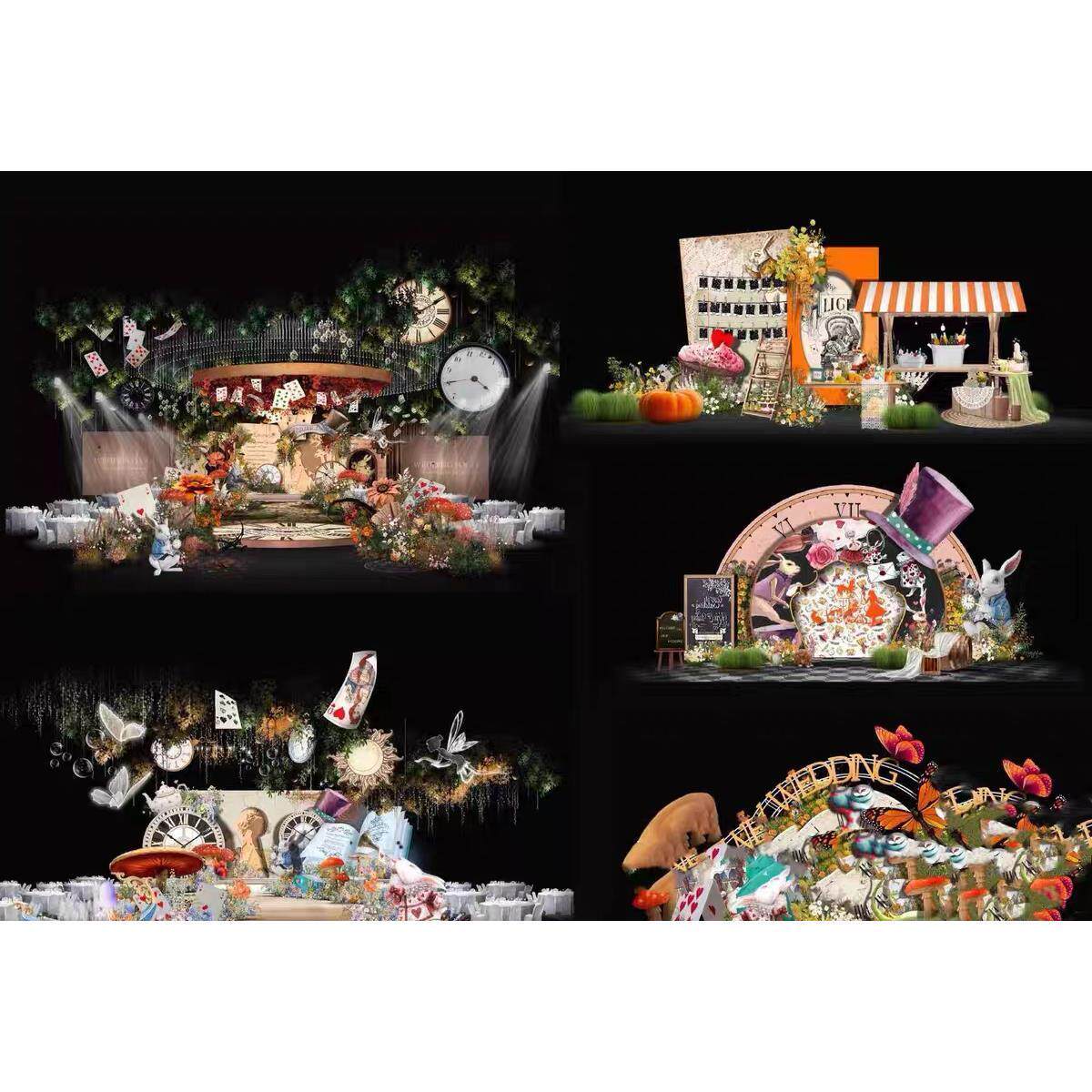 5张爱丽丝梦游仙境森系吊顶梦幻婚礼手绘psd分层效果图文件素材