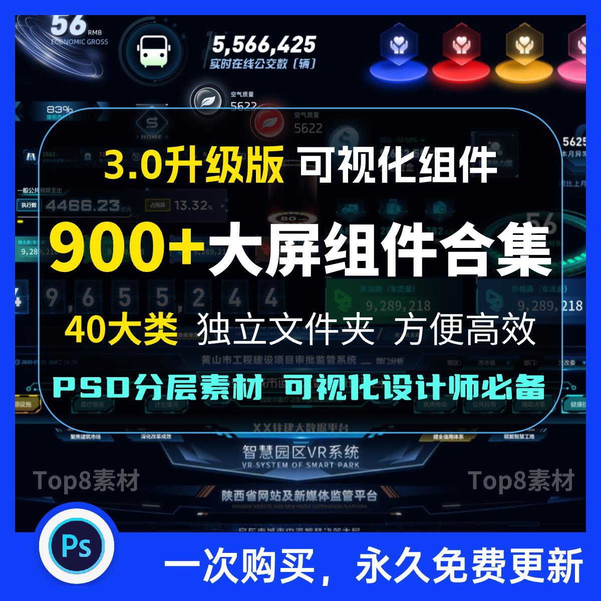 可视化平台数据大屏UI组件库边框B端界面科技素材矢量PSD格式P001