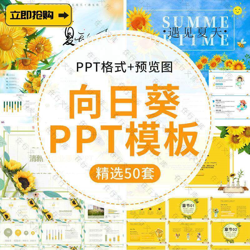 唯美水彩小清新向日葵主题你好PPT模板通用精美工作汇报活动策划