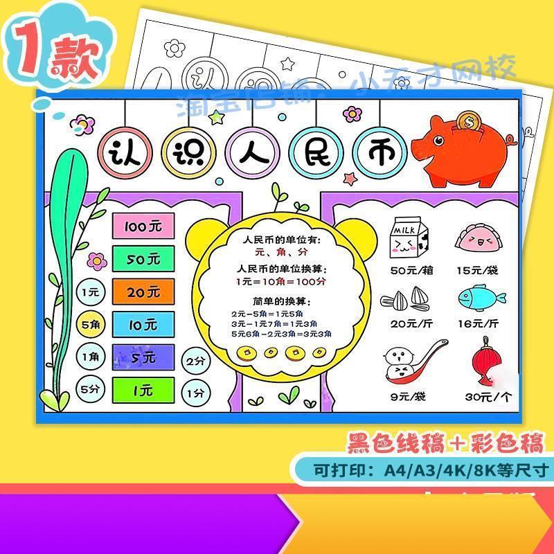 认识人民币手抄报模板电子版小学生一年级数学小报8K黑白线稿a3a4
