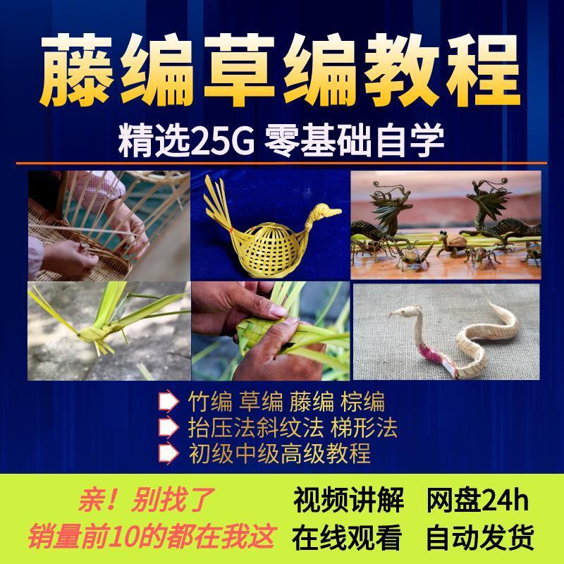竹编教程 棕编草编教程藤编叶编书小动物制作编扎民间技术视频