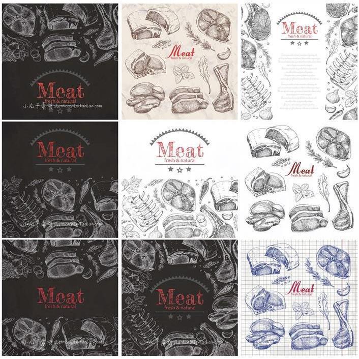 A0018矢量AI设计素材 手绘肉类食物牛排骨头线稿插画背景菜单元素