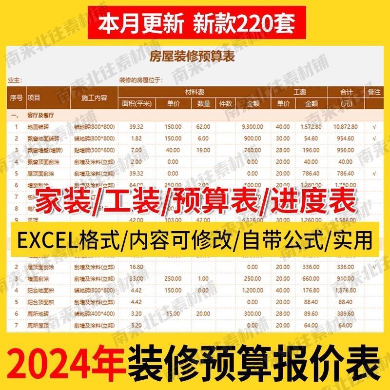 2024装修预算报价表装饰公司家装工装材料价格清单施工进度表模板