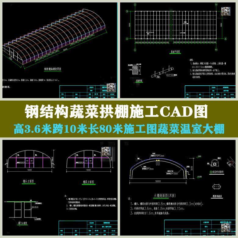 钢结构蔬菜拱棚施工蔬菜温室大棚高3.6米跨10米长80米CAD图纸