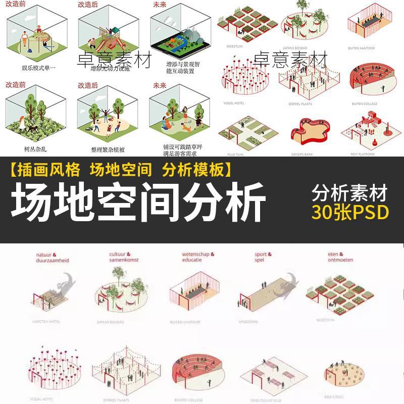 小清新竞赛插画风小场景空间模块建筑景观规划场地空间分析轴测图