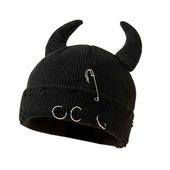 跨境小恶魔牛角秋冬别针针织帽毛线帽子男女地主帽破洞装 饰瓜皮帽