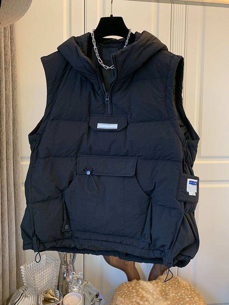 EXTRA LARGE SIZE 300 POUND BLACK VEST DOWN COTTON JACKET FOR MEN AND WOMEN WINTER INSY TIDE SLEEVELESS HOODED SHOULDERED COUPLE JACKET