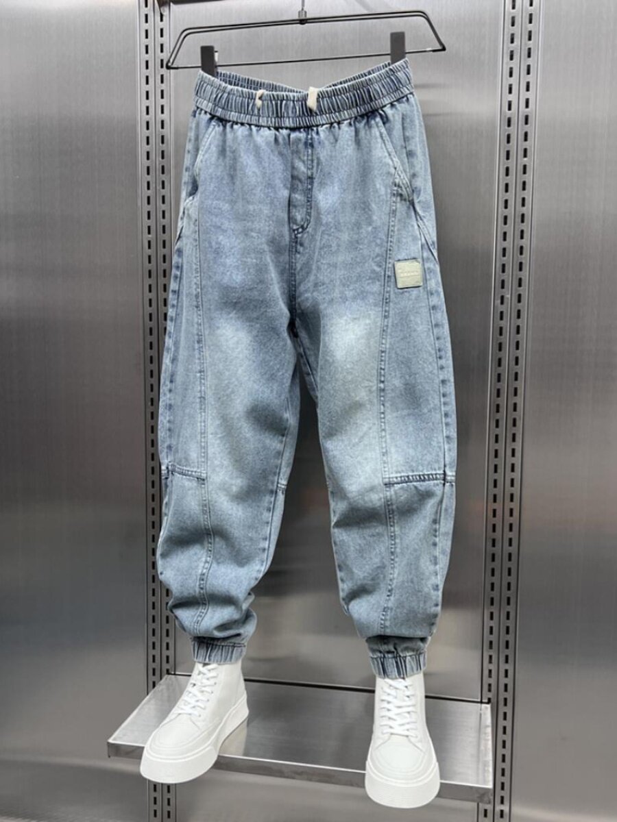 300파운드 플러스 사이즈 트렌디한 남성용 스플라이스 데님 레깅스 봄과 가을 뚱뚱한 형제 트렌디한 잘생긴 신축성 있는 허리 하렘 바지