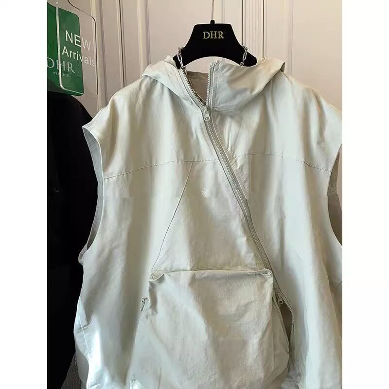 300 POUNDS PLUS FAT PLUS SIZE EUROPEAN SLEEVELESS VEST T-SHIRT MENS AND WOMENS NEW SUMMER TRENDY BRAND DESIGN SENSE DIAGONAL ZIPPER VEST