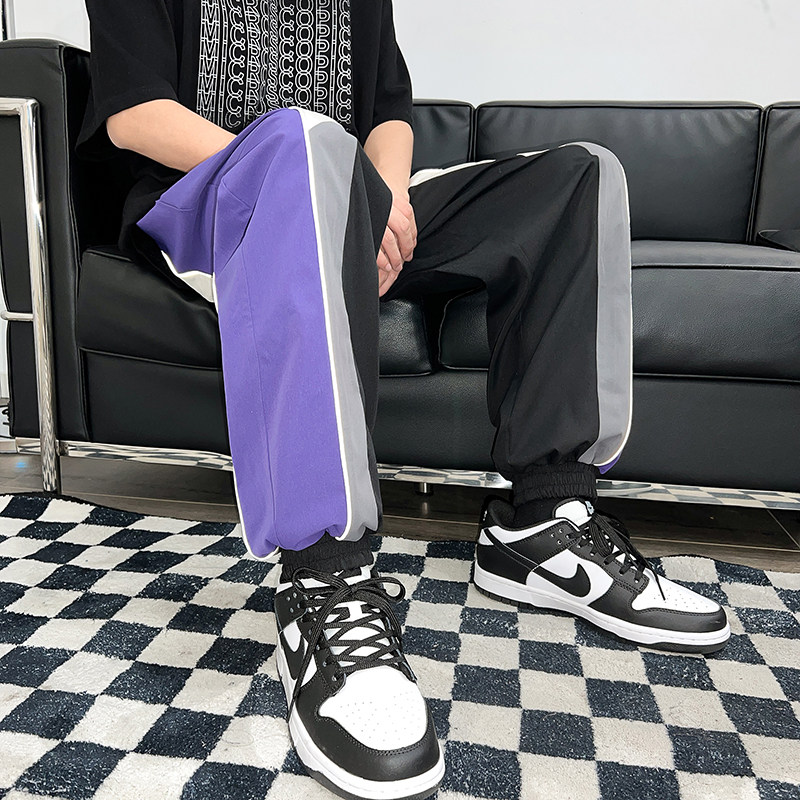 2025春夏新款港风长裤反光条撞色拼接休闲裤卫裤黑色GK79-P45，男装休闲裤，电商B277A（原A068）