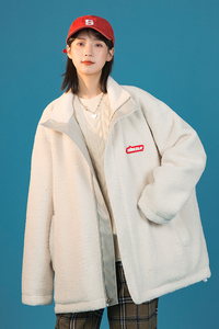 2025冬季新款港风羊羔毛两面穿棉衣夹克男女外套白 GM01-P135图片