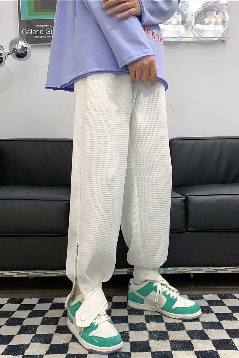 2025春夏新款港风长裤华夫格拼接拉链撞色休闲裤卫裤白GK160-P55,男装休闲裤,电商B277A（原A068）