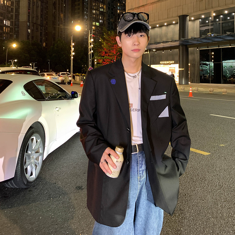 2025春季新款港风原创西服拼接毛边休闲西服外套黑GX07-P90，男装西服，电商B277A（原A068）