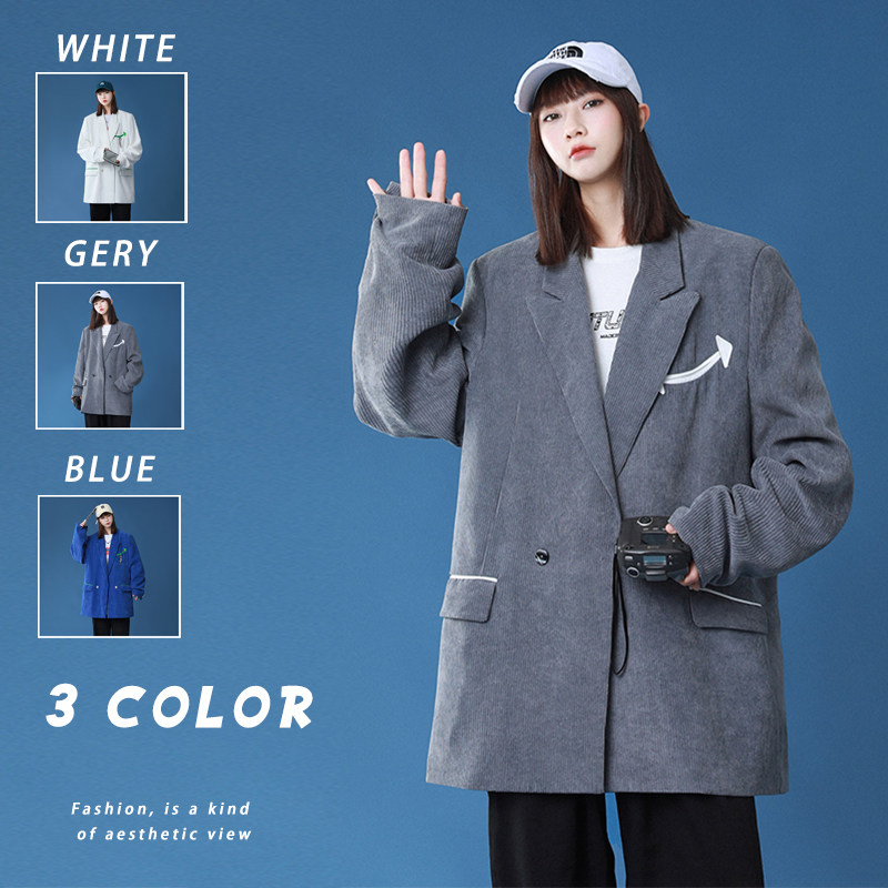 2025春季新款港风原创西服撞色灯芯绒休闲西服外套灰GX08-P125，男装西服，电商B277A（原A068）