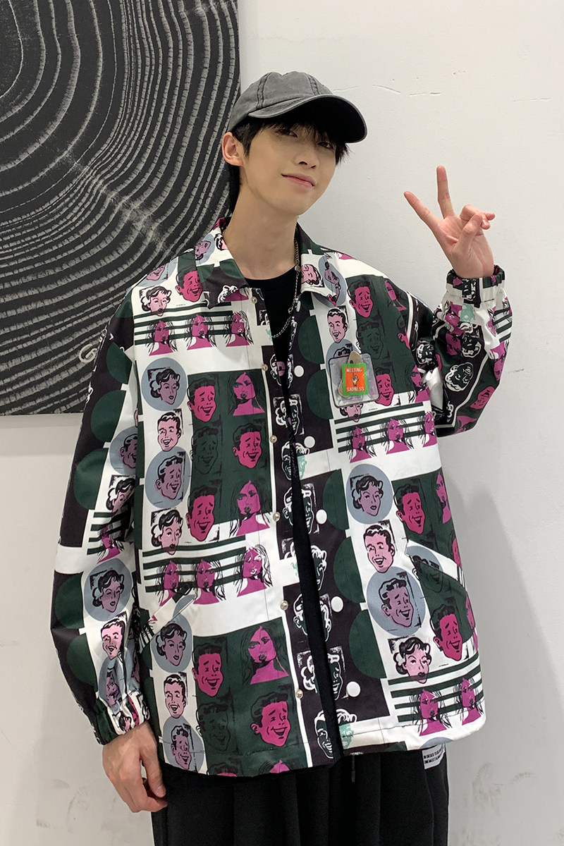 2025春季新款港风原创衬衣夹克波普风满印衬衫外套紫GC07-P40,男装夹克,电商B277A（原A068）
