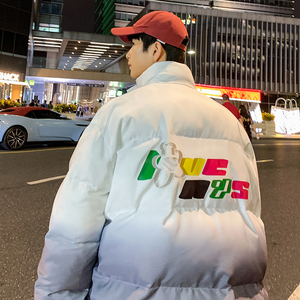 2025冬季新款港风原创渐变印花立领休闲羽绒服外套白GM15-P175,男生长款短袖搭配什么图片