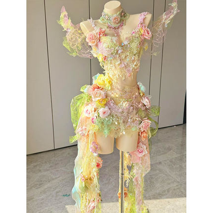 原创花仙子蕾丝吊带礼服女彩色花朵装饰电音节派对晚装