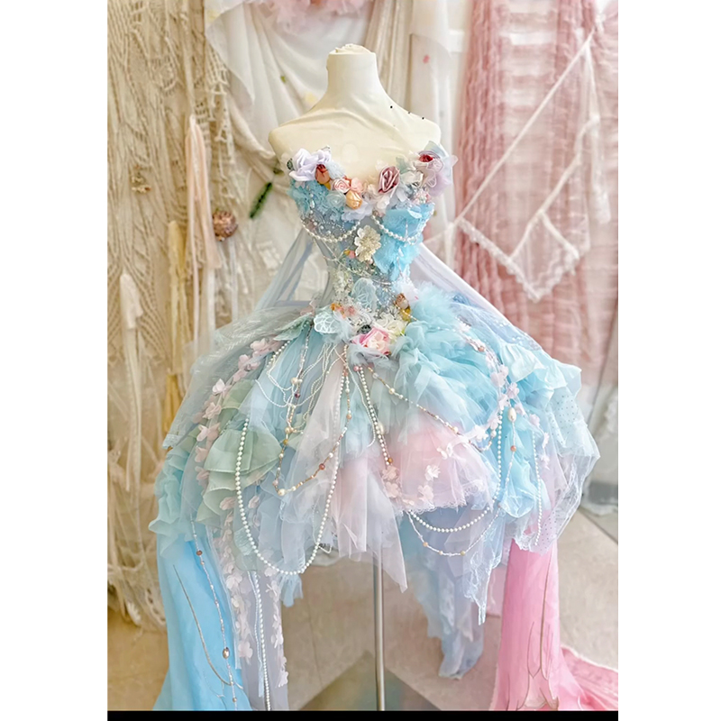 甜美公主风一字肩蛋糕礼服