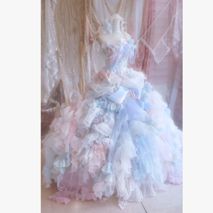 仙女风彩色荷叶边蓬蓬礼服女成人礼甜美公主裙花嫁礼服极繁主义