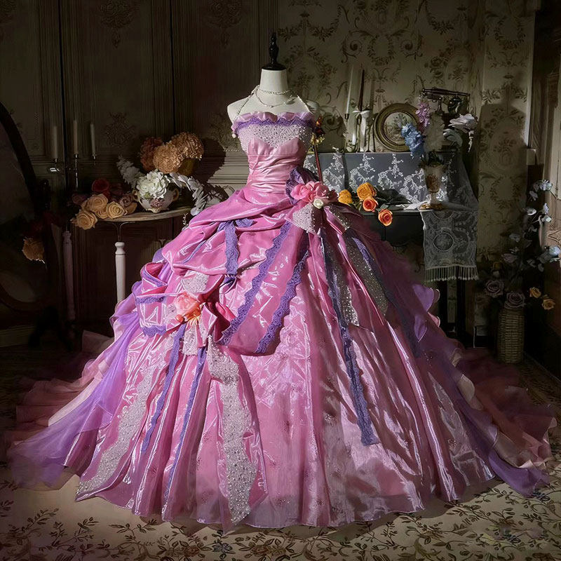 梦幻公主风粉色立体花礼服女蓬蓬裙拖尾华丽晚装裙