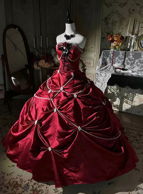 华丽风红色抹胸礼服女长款蛋糕裙敬酒服公主晚礼服复古vintage