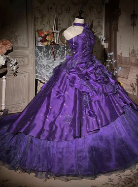 公主风单肩紫色立体花束腰拖地礼服女花嫁款晚装裙