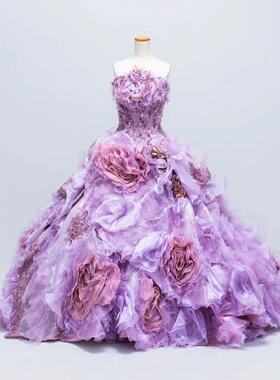 梦幻仙女风紫色抹胸花朵礼服重工钉珠花神大摆裙公主裙成人礼花嫁