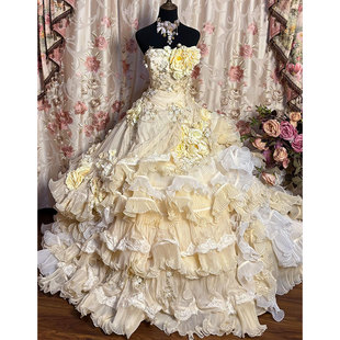 梦幻公主风重工花朵礼服女一字肩华丽晚礼服vintage抹胸型