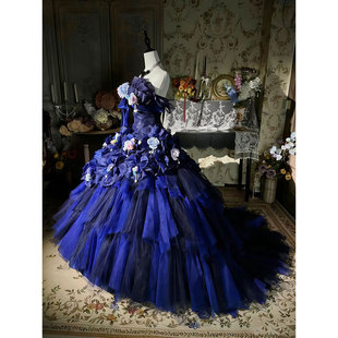 梦幻仙女立体花朵单肩礼服女古董公主风成人礼蓬蓬裙晚装 vintage