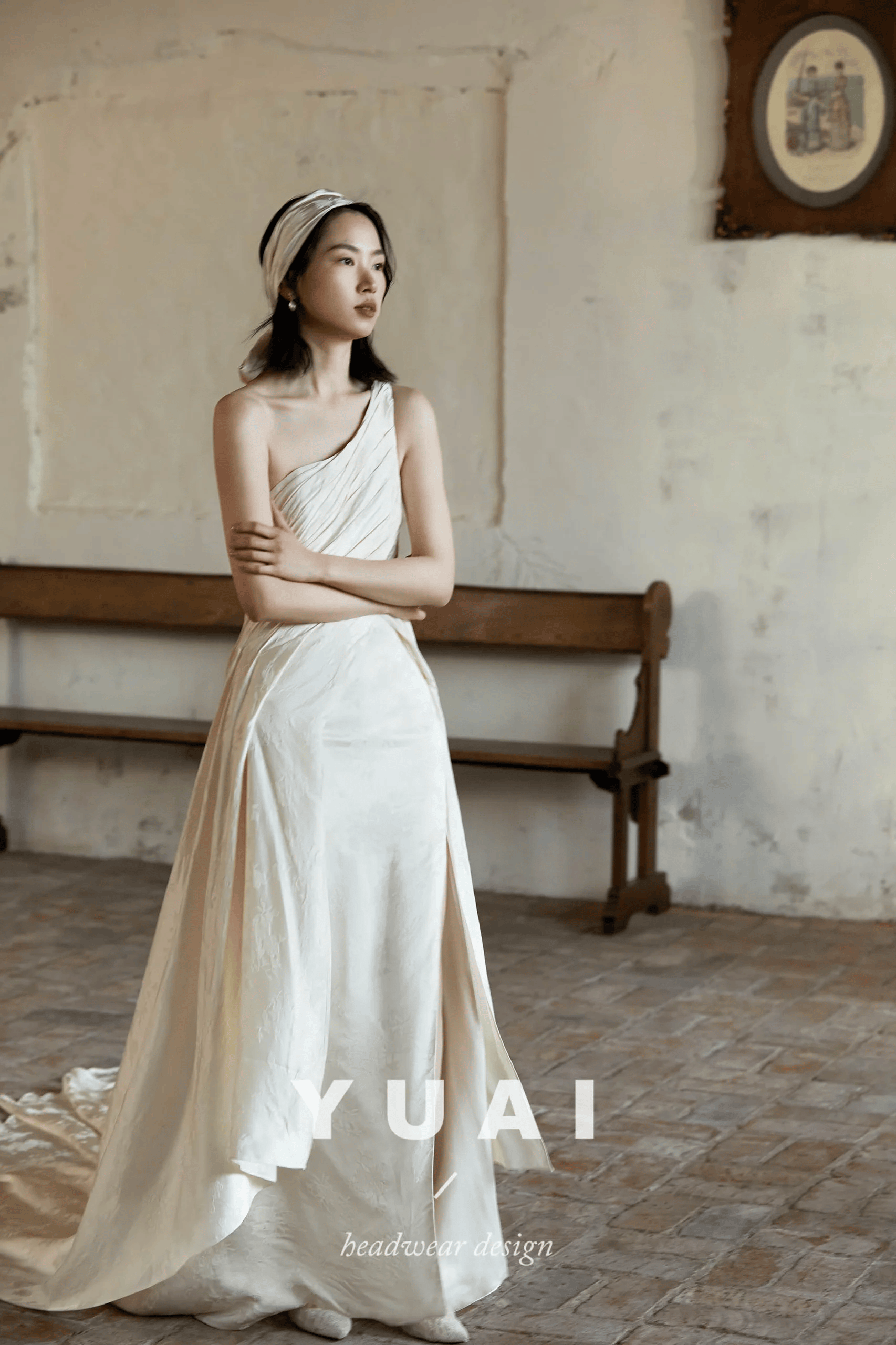 【茉莉与欧丁香】余爱YUAI手作单肩提花缎面婚纱优雅法式拖尾礼服