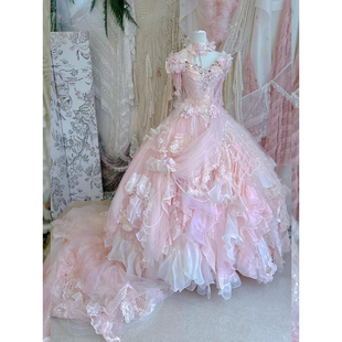 重工抹胸粉色晚礼服女高级感超仙公主风华丽蛋糕蓬蓬裙洛丽塔裙