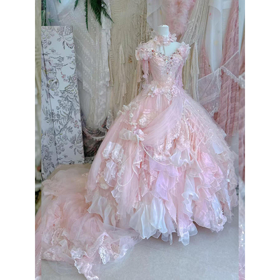 粉色公主风抹胸蛋糕蓬蓬晚礼服