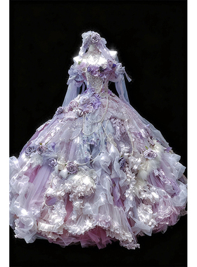 梦幻仙女风紫色立体花朵大摆裙一字肩拖地华丽礼服定制紫色洛丽塔