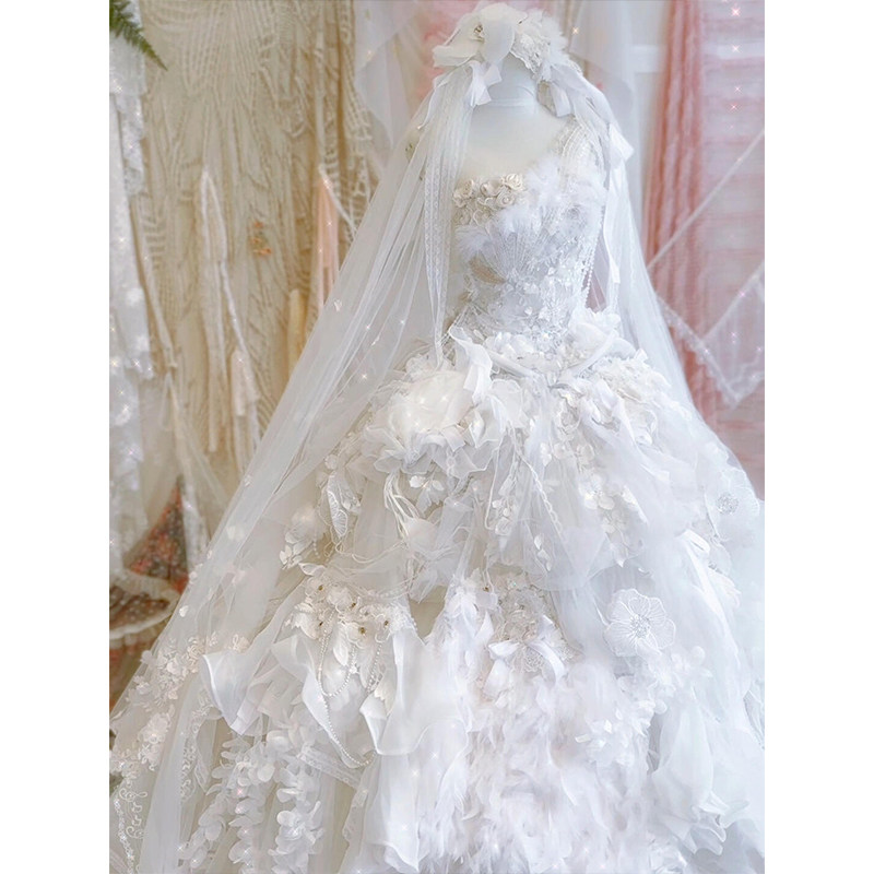 仙女风重工立体花朵拖尾礼服裙