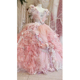 粉色立体花朵拖尾礼服公主裙梦幻小礼服花嫁洛丽塔 lolita一字肩